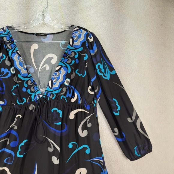 Y2K Rhapsody Blue Floral Low Cut V Neck Retro Lightweight Flowy Cinched A Line - Picture 3 of 10